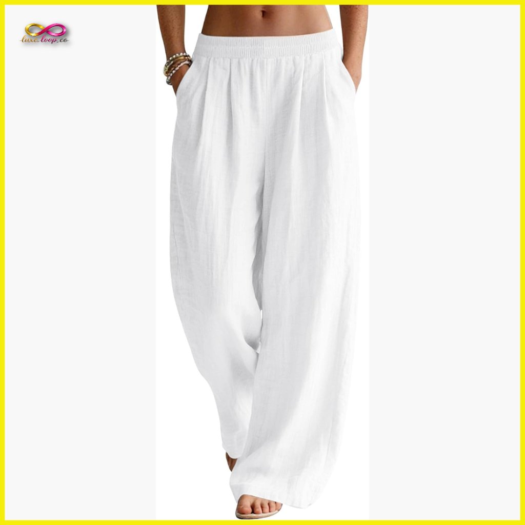 Linen Blend Palazzo Pants Wide Leg Flowy Summer Beach Vacation Trousers